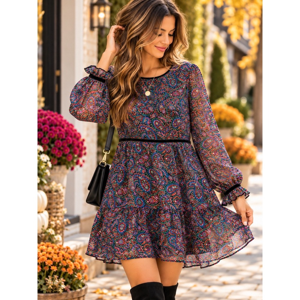 LOFT Paisley Chiffon Dress Medium Velvet Trim Long Sleeve Boho Teacher